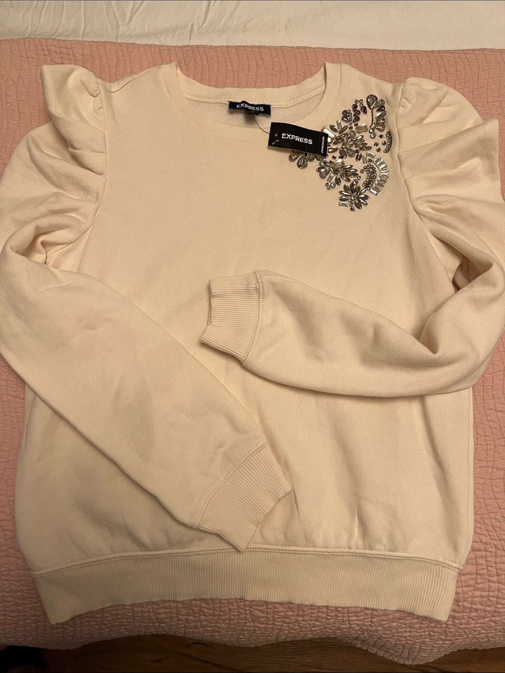 Express Cream Embellished Ruffle-Sleeve Sweatshirt